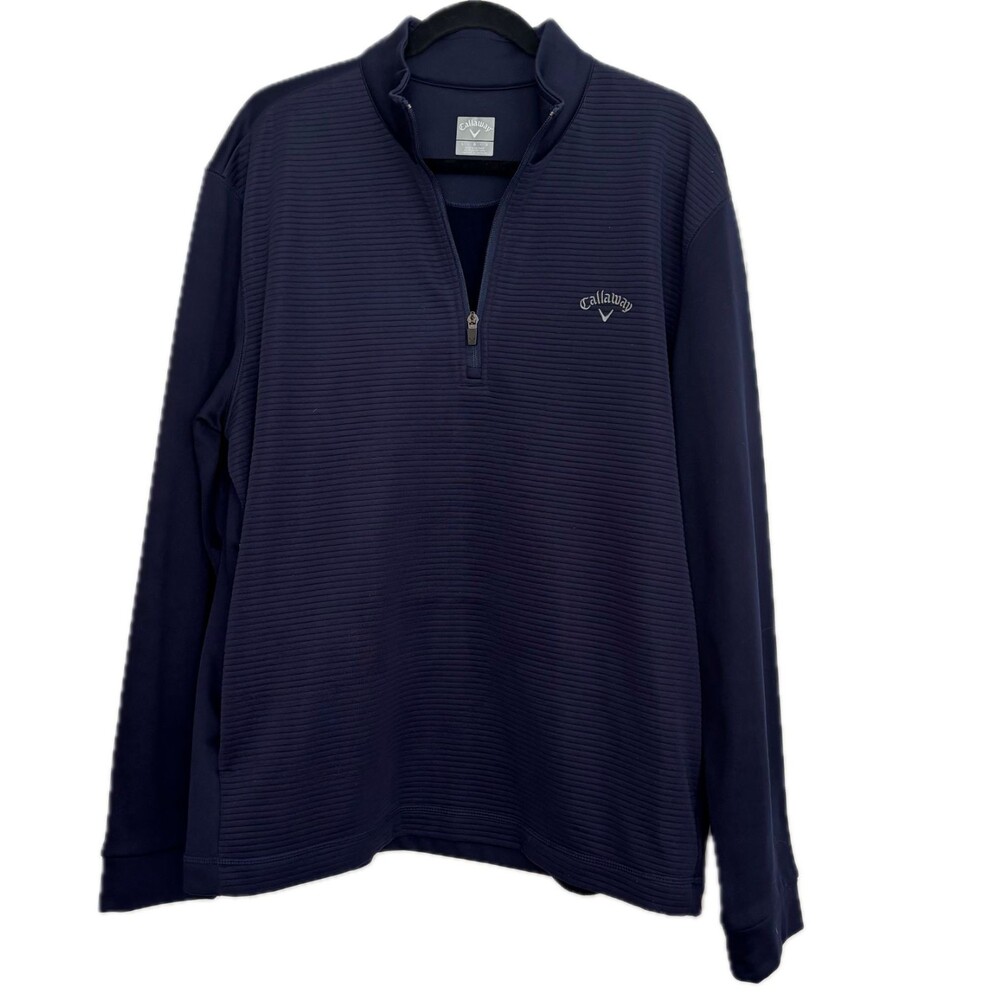 Callaway Golf Mens Large Ribbed Navy Blue 1/4 Quarter Zip Sweater Jacket Pockets